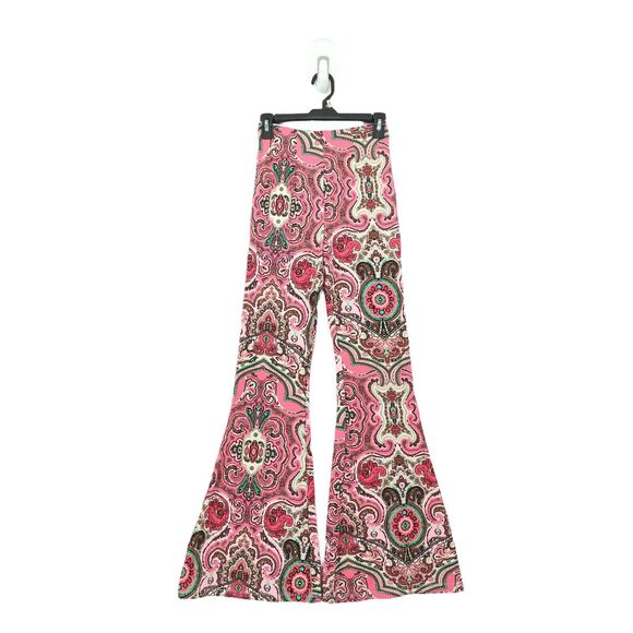 Free People Women XS Harper Pants Hot Pink Combo 70s Flare Leg Paisley NEW - Picture 2 of 7